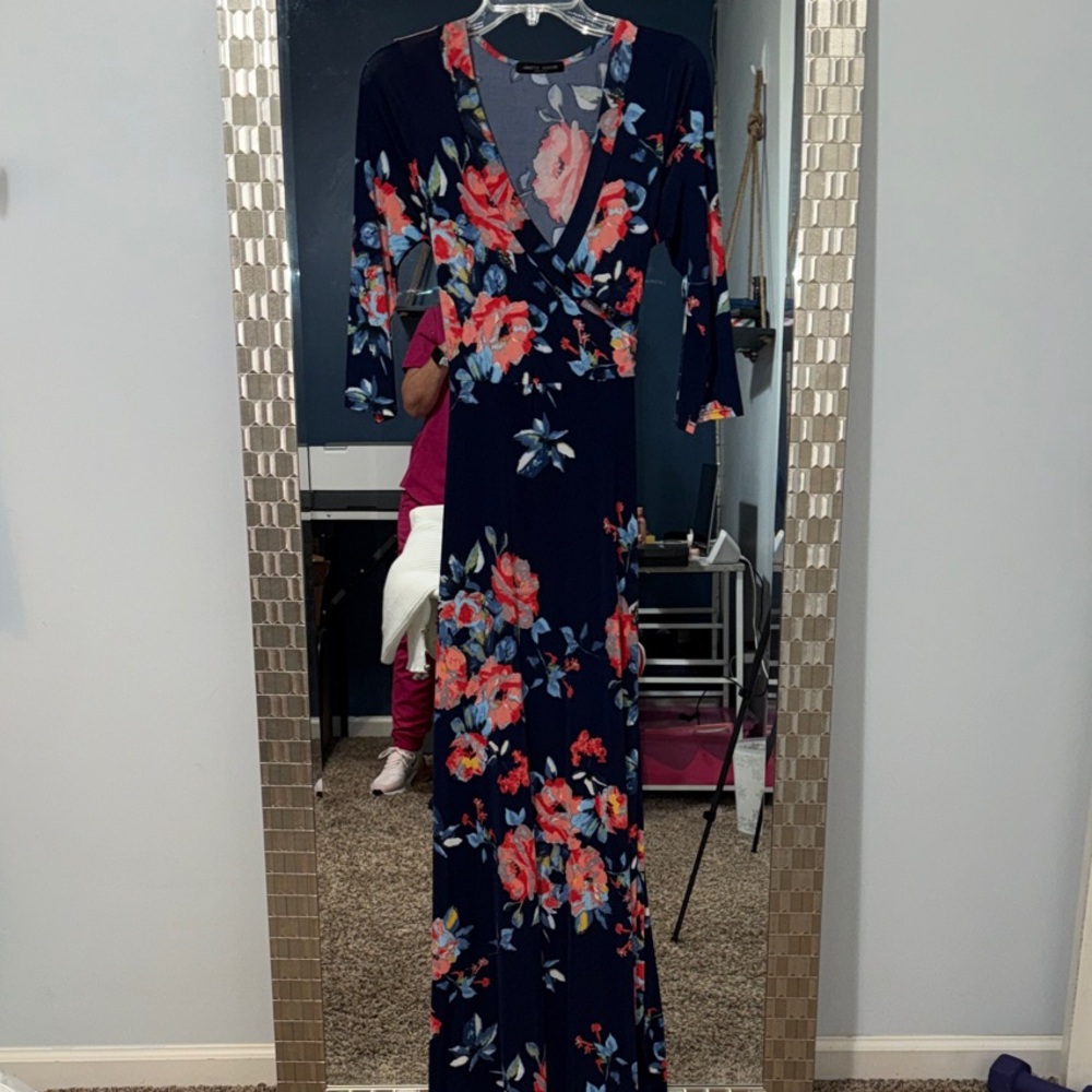 Navy Floral Maxi Dress with V-Neck